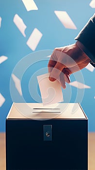 Voters hand deposits ballot into election box, democratic participation