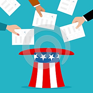 Voters putting election bulletins in the uncle sam hat