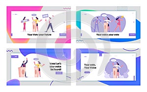 Voting Balloting or Political Discussion Website Landing Page Set. Characters Law-abiding Citizen Vote for Candidate