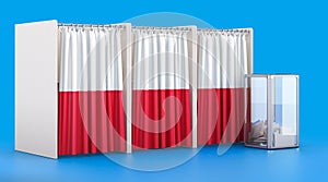 Voting booths with Polish flag and ballot box. Election in Poland, concept. 3D rendering