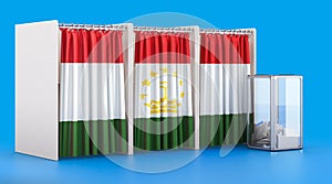 Voting booths with Tajik flag and ballot box. Election in Tajikistan, concept. 3D rendering