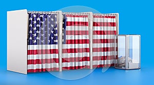 Voting booths with the United States flag and ballot box. Election in the USA, concept. 3D rendering