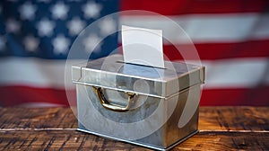 Voting Box with American Flag on Wooden Background