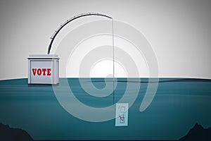 Voting box fishes a vote in the sea demonstrating Election fraud concept. 3D illustration.
