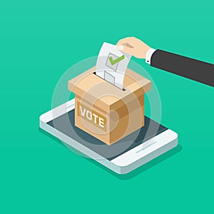 Voting box online on mobile phone vector illustration, flat isometric voter hand on smartphone internet election photo