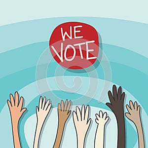 Voting concept. drawing cartoon of raising hands for participation, vote isolated on gradient blue background with copy space photo