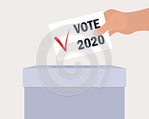 Voting concept. Human hand puts an envelope in ballot box. On paper checkmark and text Vote 2020. Flat vector illustration. Ballot