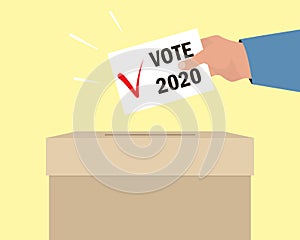 Voting concept. Human hand puts envelope in ballot box. Text Vote 2020 and checkmark on paper. Flat vector illustration. Ballot