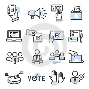 Voting and election set of thin line icons isolated on white. Politician, electorate outline blue pictograms. photo