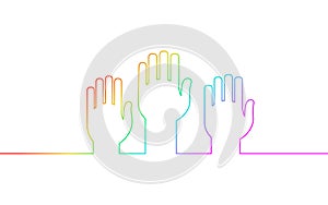 Voting hands raising to sky. One continuous line art vote online. Election day volunteer diversity different rainbow