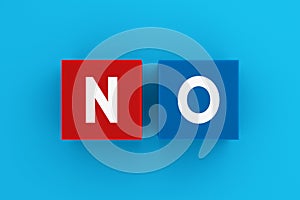 Voting no, rejection and decline. Negative answer. The word NO on colorful blocks