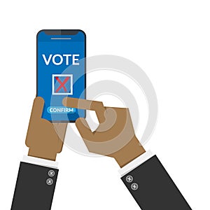 Voting online concept. black people hand press confirm button for vote via mobile smart phone. electronic voting, election