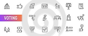 Voting politic line icon election. Ballot vote poll public button survey tick box, democracy voter sign set