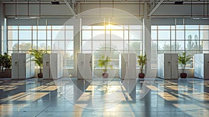 Voting station with privacy booths and potted plants under the soft glow of the morning sun. Concept of elections