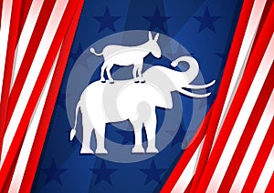 Voting in elections in the United States. Symbols of the democratic and Republican party elephant and donkey on the US flag