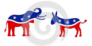 Illustration of donkey and donkey in the colors of the American flag. Voting in elections in the United States.