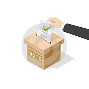 Voting vector man hand political ballot in vote box