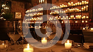 The votive candle wall serves as a stunning backdrop for the romantic dinner setting. 2d flat cartoon photo