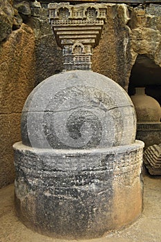 Votive stupa at Cave No. 20 with rock-cut at Bhaja Caves, Ancient Buddhist built in 2nd century BC, during the Hinayana phase of