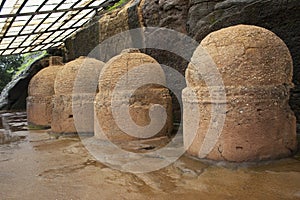 Votive stupas also called as memorial stupas on the way to cave No. 20, Bhaja caves, circa 150 B.C. Pune district, Maharashtra Ind