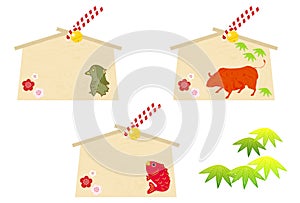 Votive tablet: vector illustration of votive tablet with amabiet and ox and sea bream with space for writing wishes photo