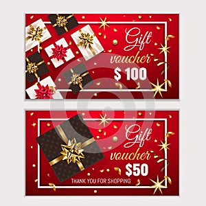 Voucher, Gift certificate, Coupon template with frame, bow, ribbons, present. Holiday celebration background design