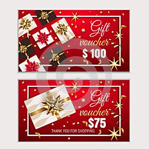Voucher, Gift certificate, Coupon template with frame, bow, ribbons, present. Holiday celebration background design