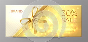 Voucher gold card. Golden ribbon certificate, luxury elegant celebration coupon, discount promotion flyer. Realistic