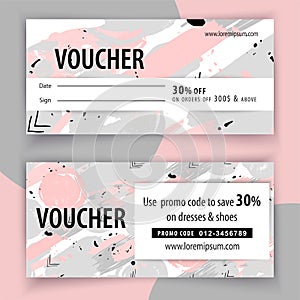 Voucher grunge trendy blob template. Pink hand drawn blots and black grey blob spatters for wedding card, mothers day