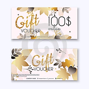 Voucher template with color gift box,certificate. Background design coupon, invitation, currency. Vector illustration