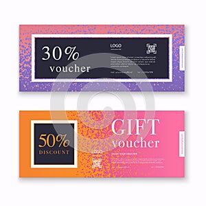 Voucher template with colorful gift box, certificate. Background design coupon, invitation, currency. Vector illustration