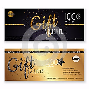 Voucher template with gold gift box,certificate. Background design coupon, invitation, currency. Vector illustration.