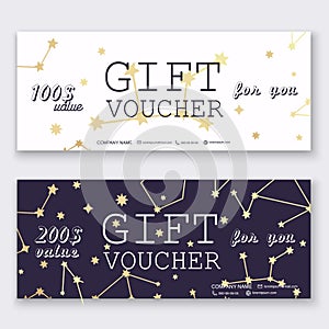 Voucher template with gold gift box, certificate. Background design coupon, invitation, currency. Vector illustration.