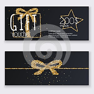 Voucher template with gold gift box, certificate. Background design coupon, invitation, currency. Vector illustration.