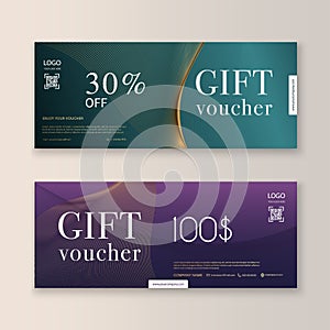 Voucher template with gold gift box,certificate. Background design coupon, invitation, currency. Vector illustration