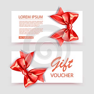 Voucher template with red bow, ribbons. Design usable for gift coupon, voucher, invitation, certificate, etc