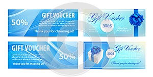 Voucher template with wavy background and blue bow ribbons. design usable for gift coupon, , invitation, certificate