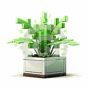 Voxel Art Plant Icon: Translucent Green Squares With Art Deco Ornamentation