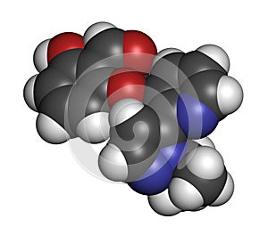 Voxelotor sickle cell disease drug molecule. 3D rendering. Atoms are represented as spheres with conventional color coding: