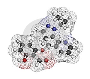 Voxelotor sickle cell disease drug molecule. 3D rendering. Atoms are represented as spheres with conventional color coding: