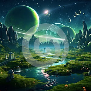 Voyage of Verdancy - Green meadows floating in space like islands