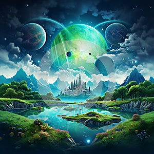 Voyage of Verdancy - Green meadows floating in space like islands