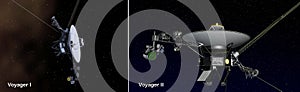 Voyager 1 and Voyager 2 spacecraft in deep space field. 3D illustration