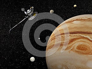 Voyager spacecraft near Jupiter and its satellites - 3D render