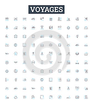 Voyages vector line icons set. Tours, Trips, Cruises, Journeys, Tours, Excursions, Adventures illustration outline