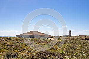 A Voz do Mar (A Sound of the Sea) installation and Farol de Sagres (Lighthouse of Ponta de Sagres) located in Algarve, Portugal photo