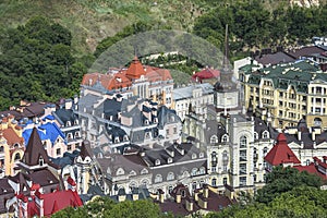 Vozdvizhenka elite district in Kiev, Ukraine . Top view on the roofs of buildings.