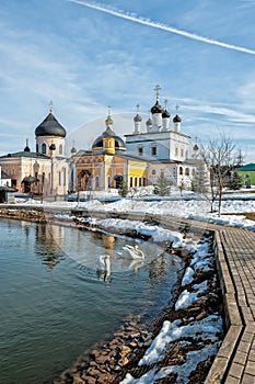 Voznesenskaya Davidova Pustyn Chekhov district of Russia, historical and cultural monument of history, a pond with swans and refle