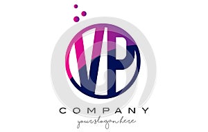 VP V P Circle Letter Logo Design with Purple Dots Bubbles