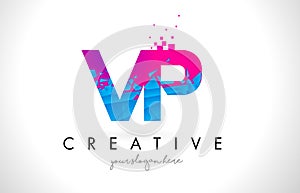 VP V P Letter Logo with Shattered Broken Blue Pink Texture Design Vector.